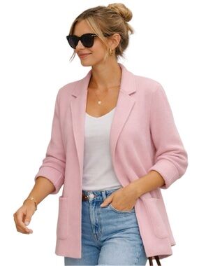 Talbots • Pink Open Front Knit Blazer Sweater Jacket merino nylon blend  Sz XS